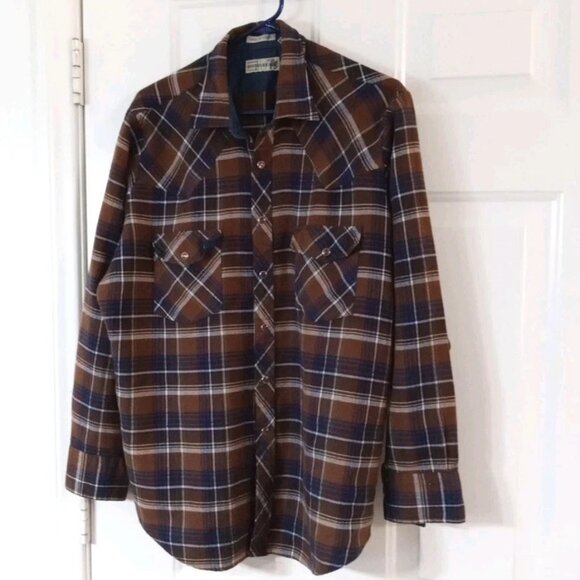 Vintage Genuine Roebucks Pearl Snap Shirt Men’s XL Long Sleeve Brown Plaid - Picture 1 of 7